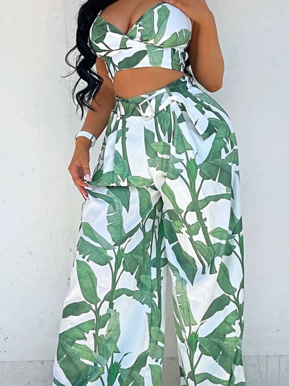 Fashion Nova Green Tropical Leaf High-Waist Wide-Leg Pants